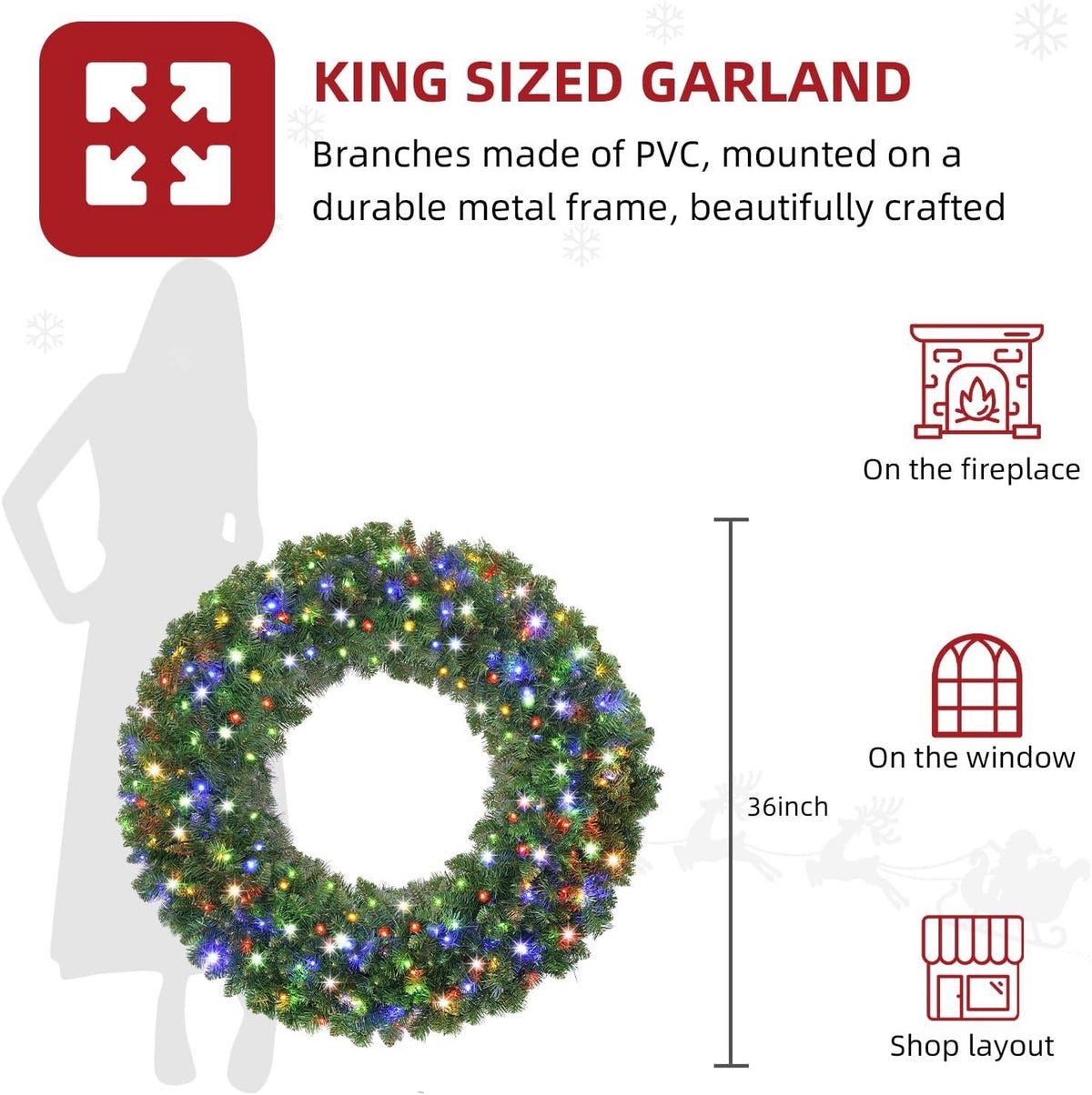 Christmas Wreath Pre Lit LED 36 Inch 120 Multicolour Lights Outdoor Door Timer