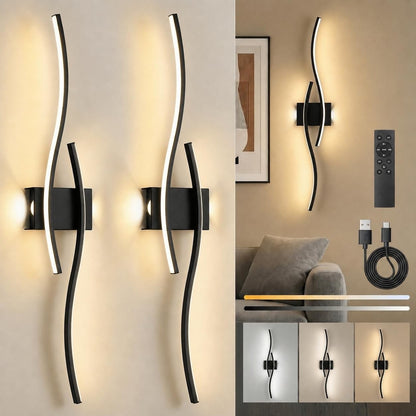 Rechargeable Wall Lights Sconces Wireless 100cm Black 2 Pack Remote Dimmable