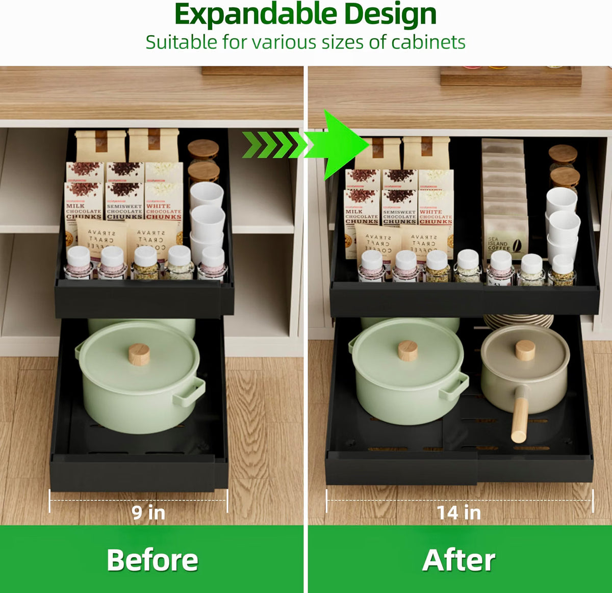 Pull Out Cabinet Organizer 4 Pack 21in Deep 9-14in Adjustable 3 Rail Steel Set