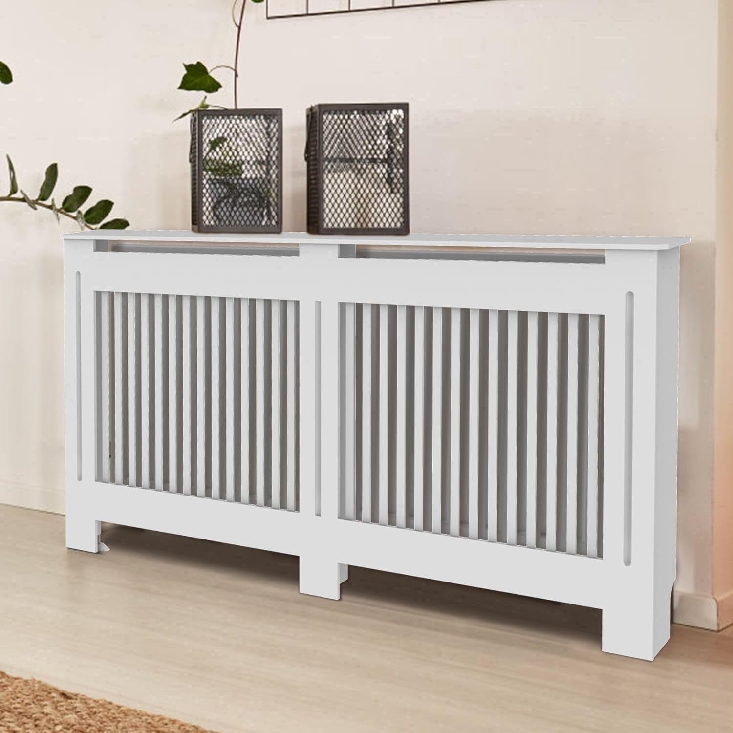 Tall White MDF Radiator Cover 100cm Internal Height Slatted Cabinet Shelf