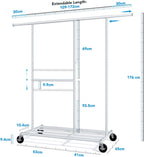 Heavy Duty Double Clothes Rail w/ Wheels 209kg Adjustable Mobile Rack