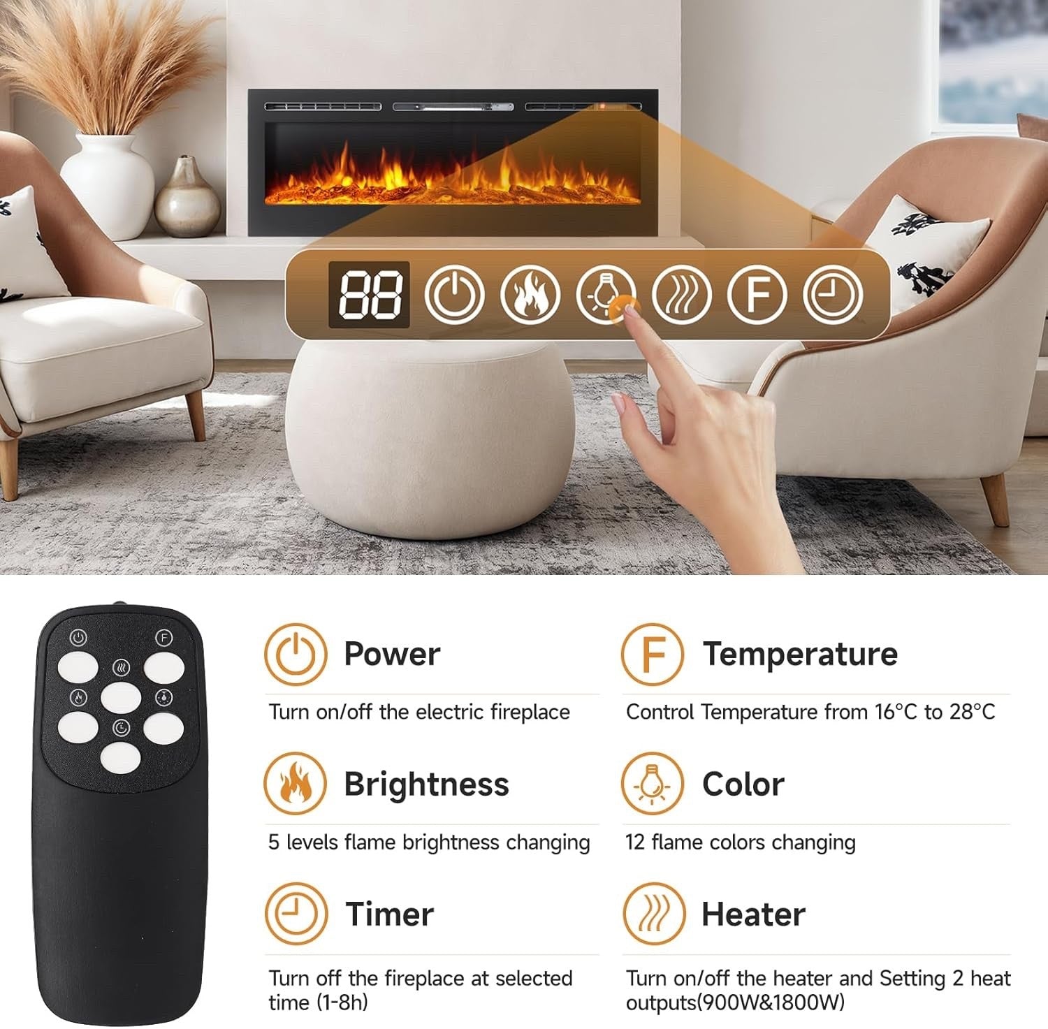 INMOZATA 127cm Electric Fireplace Recessed/Wall 12-Colour LED Flame 900/1800W