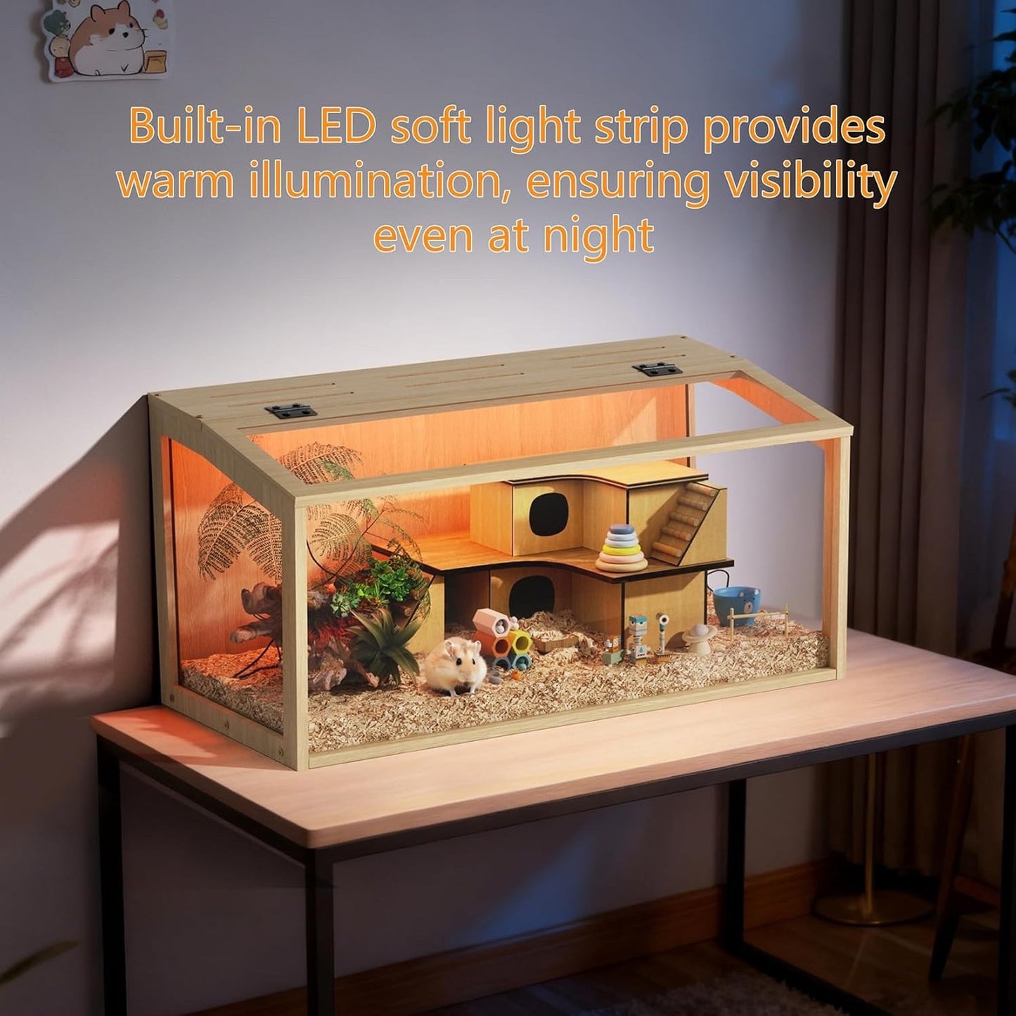 Hamster Cage Wooden Large Chewproof 80x40x40cm Acrylic LED Gerbil Rat Habitat