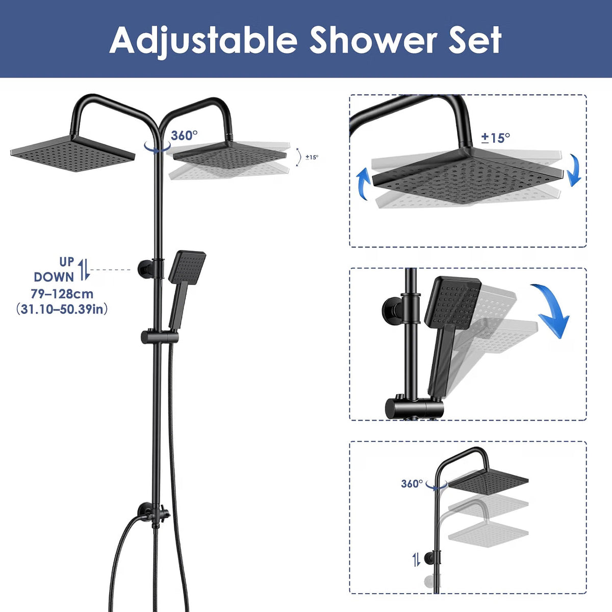 Shower Riser Rail Kit 8in Black Adjustable 79-128cm Rainfall Anti-Leak Hose Set