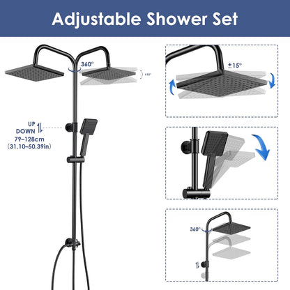Shower Riser Rail Kit 8in Black Adjustable 79-128cm Rainfall Anti-Leak Hose Set