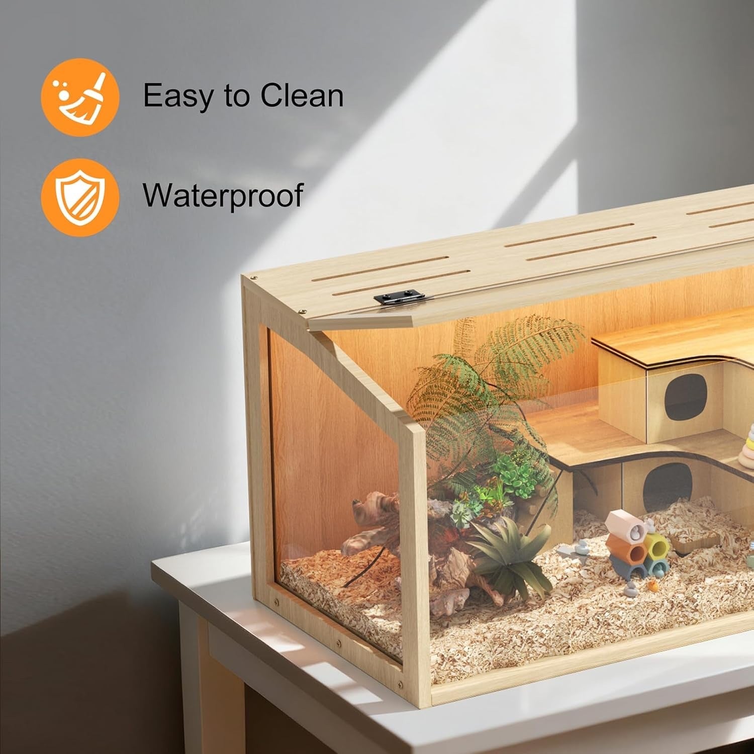 Hamster Cage Wooden Large Chewproof 80x40x40cm Acrylic LED Gerbil Rat Habitat