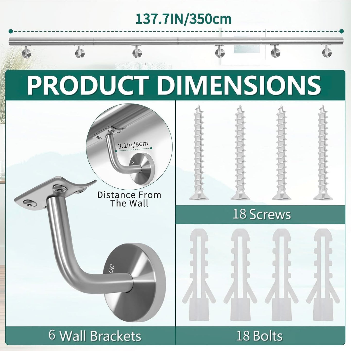 Stainless Steel Handrail 350cm Stair Banister Rail Wall Mount 6 Brackets Silver