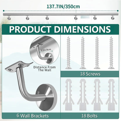 Stainless Steel Handrail 350cm Stair Banister Rail Wall Mount 6 Brackets Silver