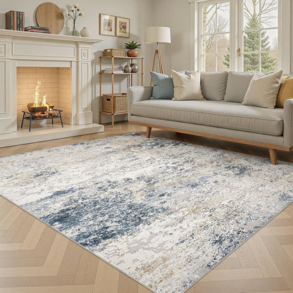 Area Rug Living Room 160x230cm Beige Blue Washable Abstract Soft Non Slip Carpet