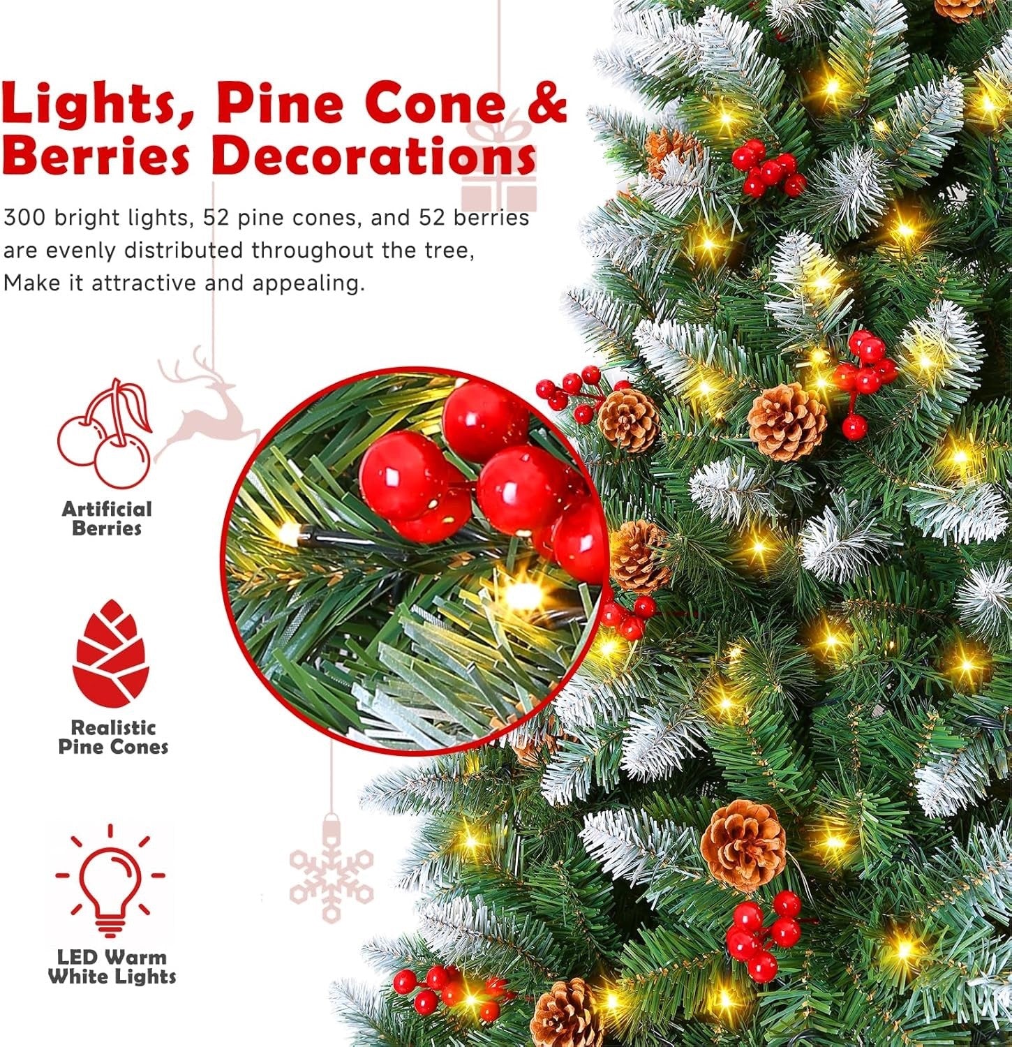6FT Pre Lit Artificial Christmas Tree 300 Lights 847 Tips Pinecones Stand