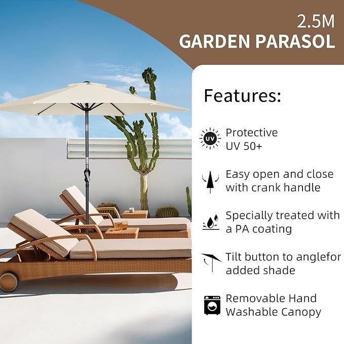 Angel Living 250cm Aluminium Garden Parasol Umbrella Crank Tilt UV50+ Sun Shade