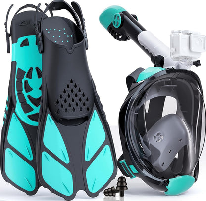 Snorkel Mask Full Face Flippers Set Adults Panoramic Anti Fog Dry Small Medium