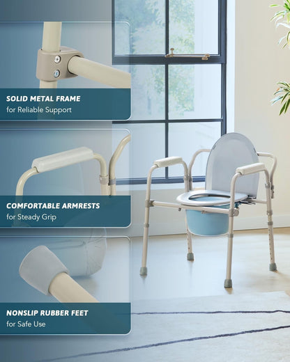Foldable Bedside Commode Chair Portable Toilet with Pan 136kg Support