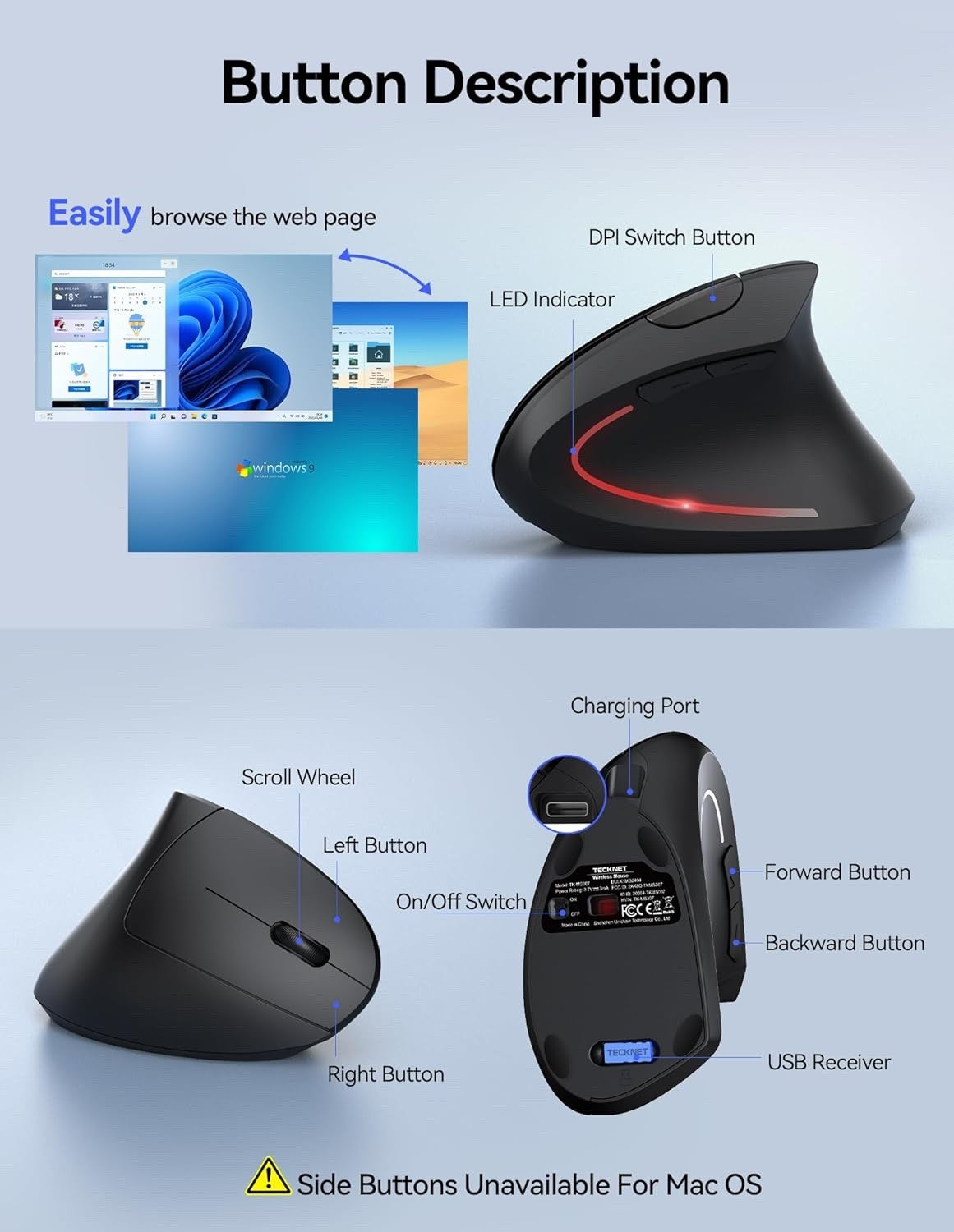 Ergonomic Vertical Mouse Wireless Rechargeable 4800 DPI Silent USB PC Laptop