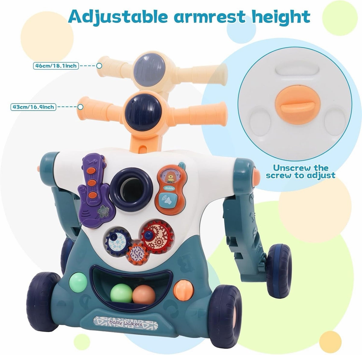Baby Walker Push Along Toy 3 in 1 Sit Stand Ride On Blue Music Activity Panel