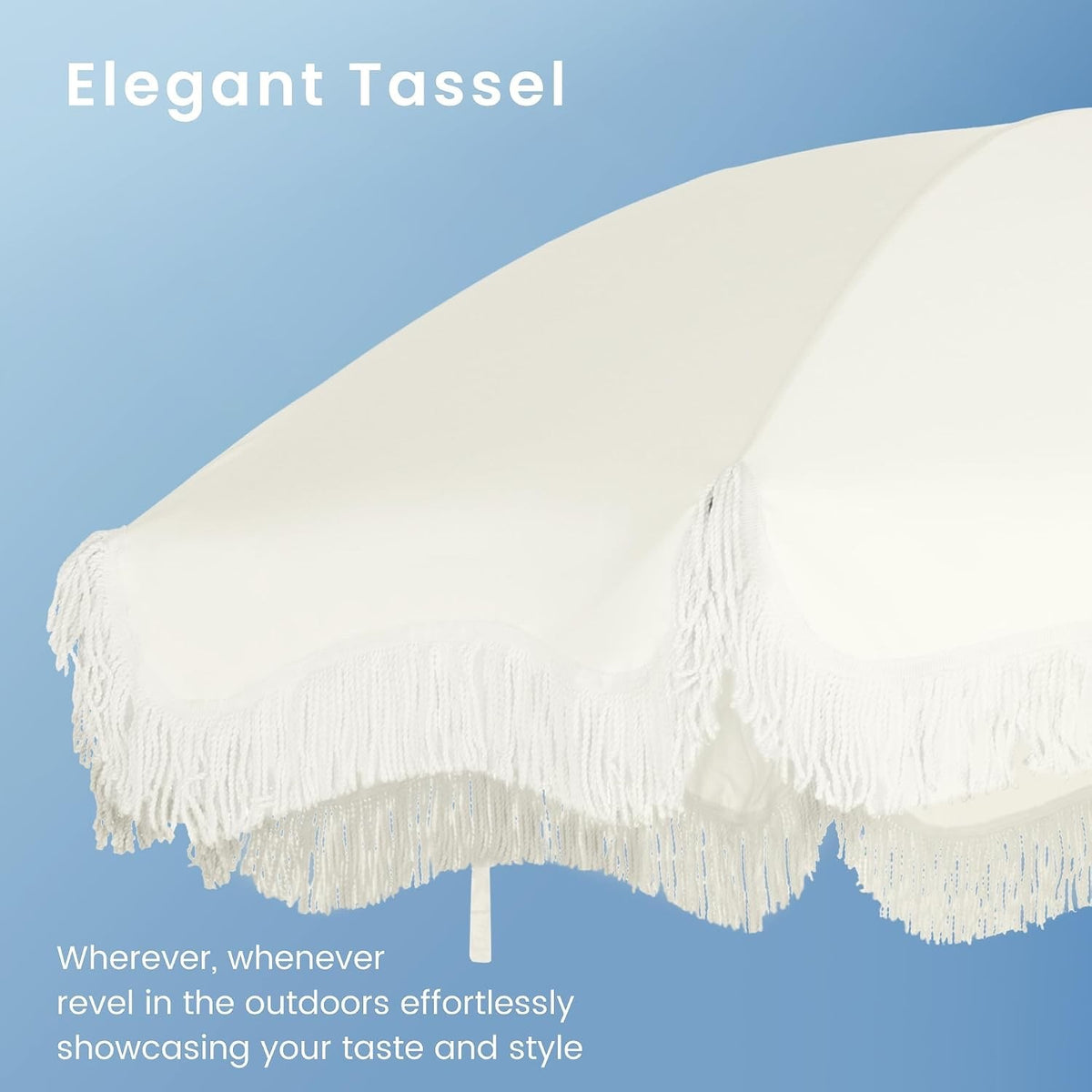 Fringed Beach Umbrella 2m Portable Parasol Ground Drill Ivory UPF50+ Sun Shade