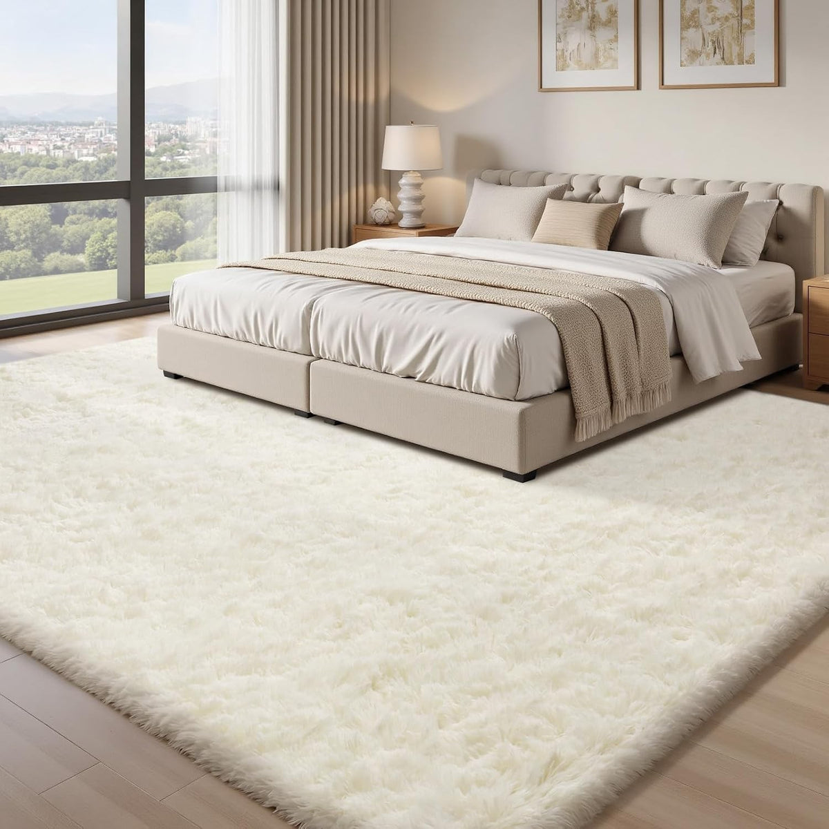 Living Room Rug Carpet 140x200cm Cream Fluffy Shaggy Non Slip Soft Washable