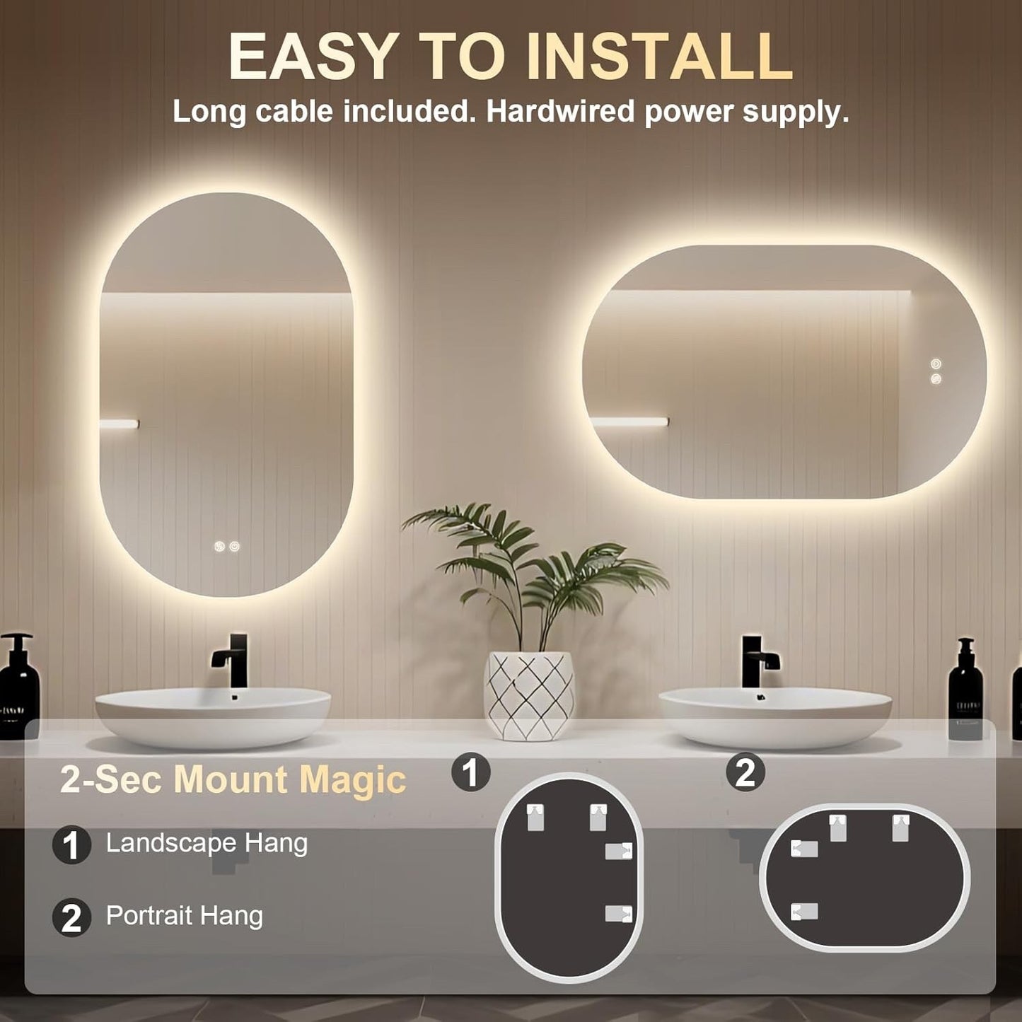 LED Bathroom Mirror Oval 500x800mm Anti Fog Dimmable 3 Color Backlit Vanity