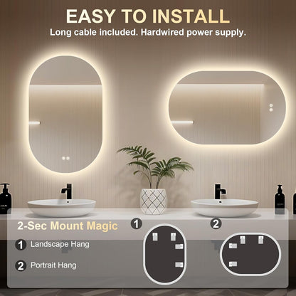 LED Bathroom Mirror Oval 500x800mm Anti Fog Dimmable 3 Color Backlit Vanity