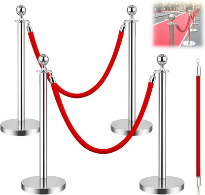 4Pcs Stainless Steel Stanchion Posts Queue Set Red Velvet Rope Crowd Control
