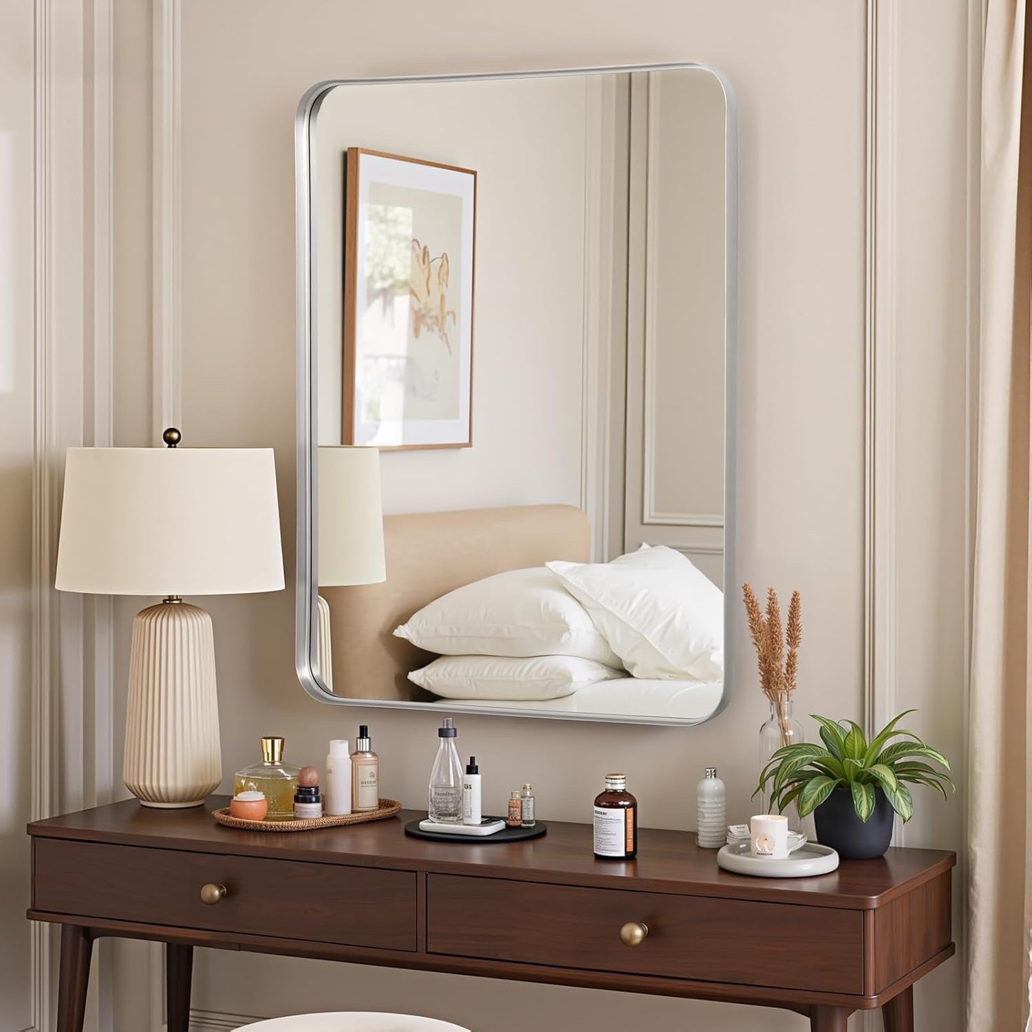 Wall Mirror 50x75cm Rectangular Bathroom Bedroom Silver Metal Frame Modern