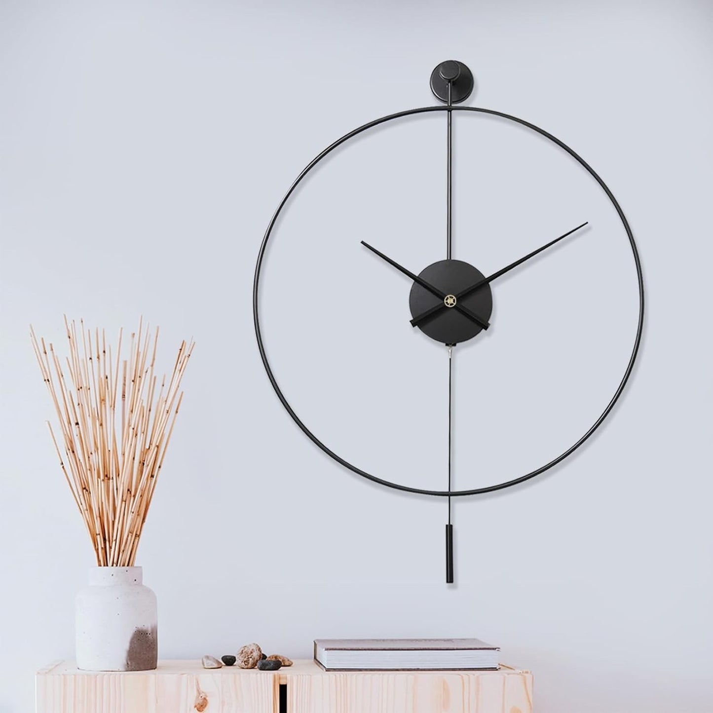 Wall Clock Large Decorative 60cm 24in Metal Silent Non Ticking Pendulum Black