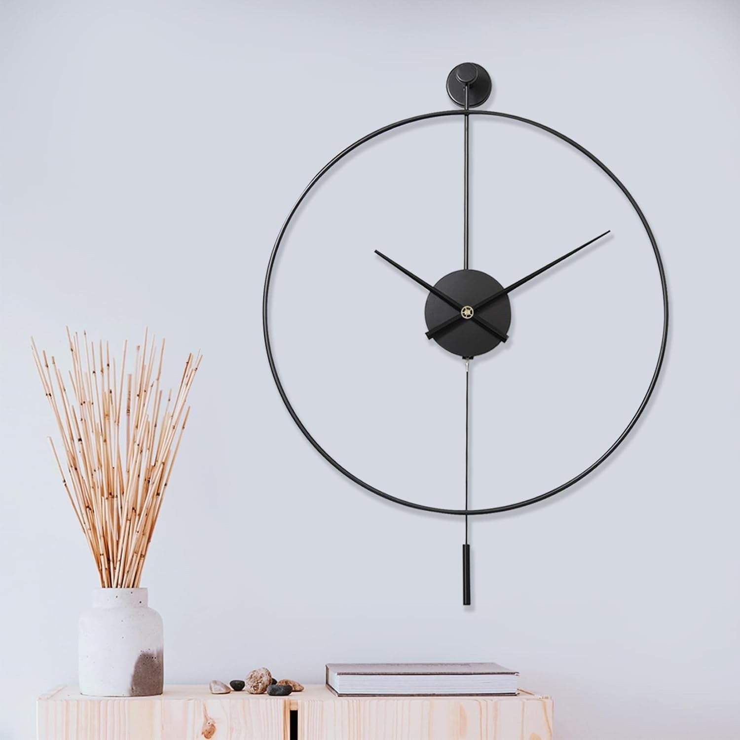 Wall Clock Large Decorative 60cm 24in Metal Silent Non Ticking Pendulum Black