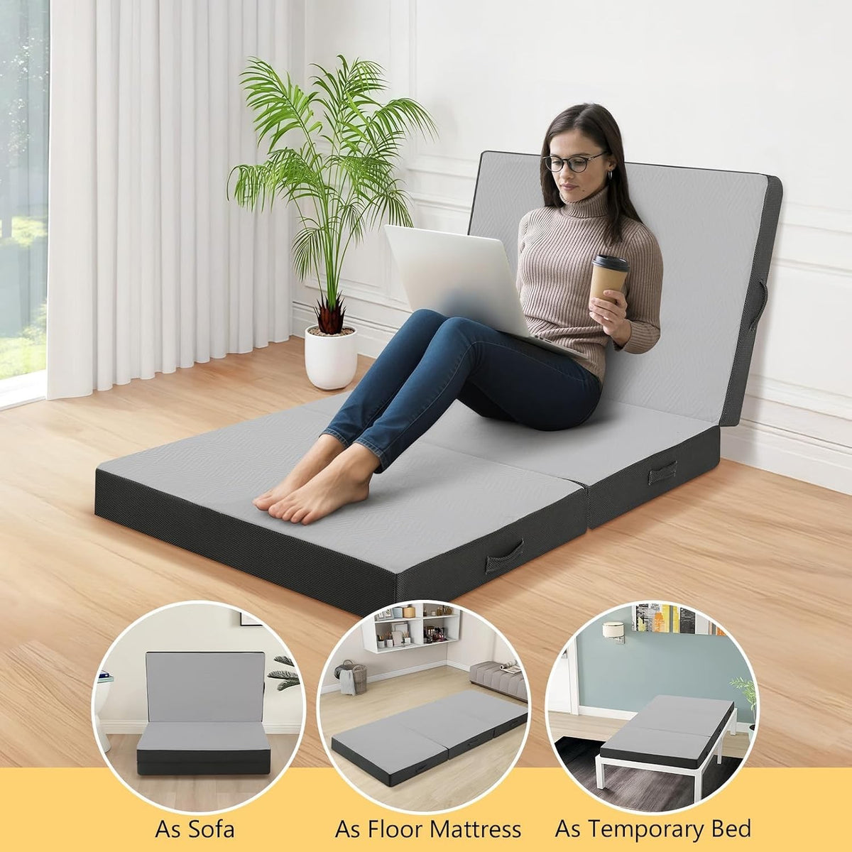 Folding Mattress Small Single Tri Fold 190x75cm 10cm Thick Foam Guest Bed Grey