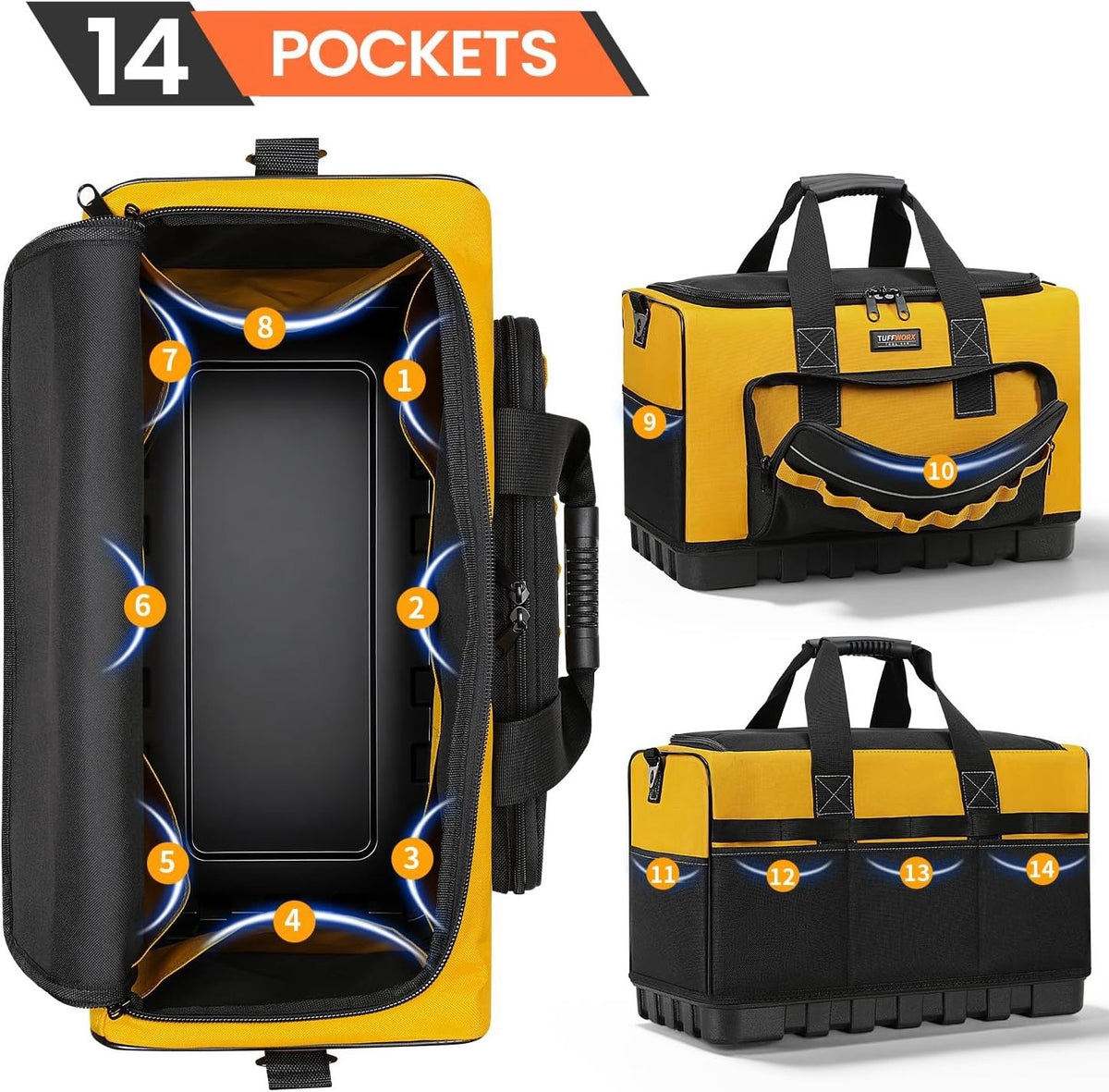 Tool Bag Heavy Duty 20 Inch 15 Pockets Waterproof Base 1680D Yellow Storage