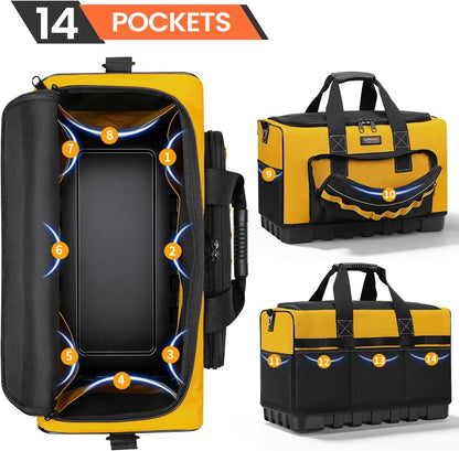 Tool Bag Heavy Duty 20 Inch 15 Pockets Waterproof Base 1680D Yellow Storage