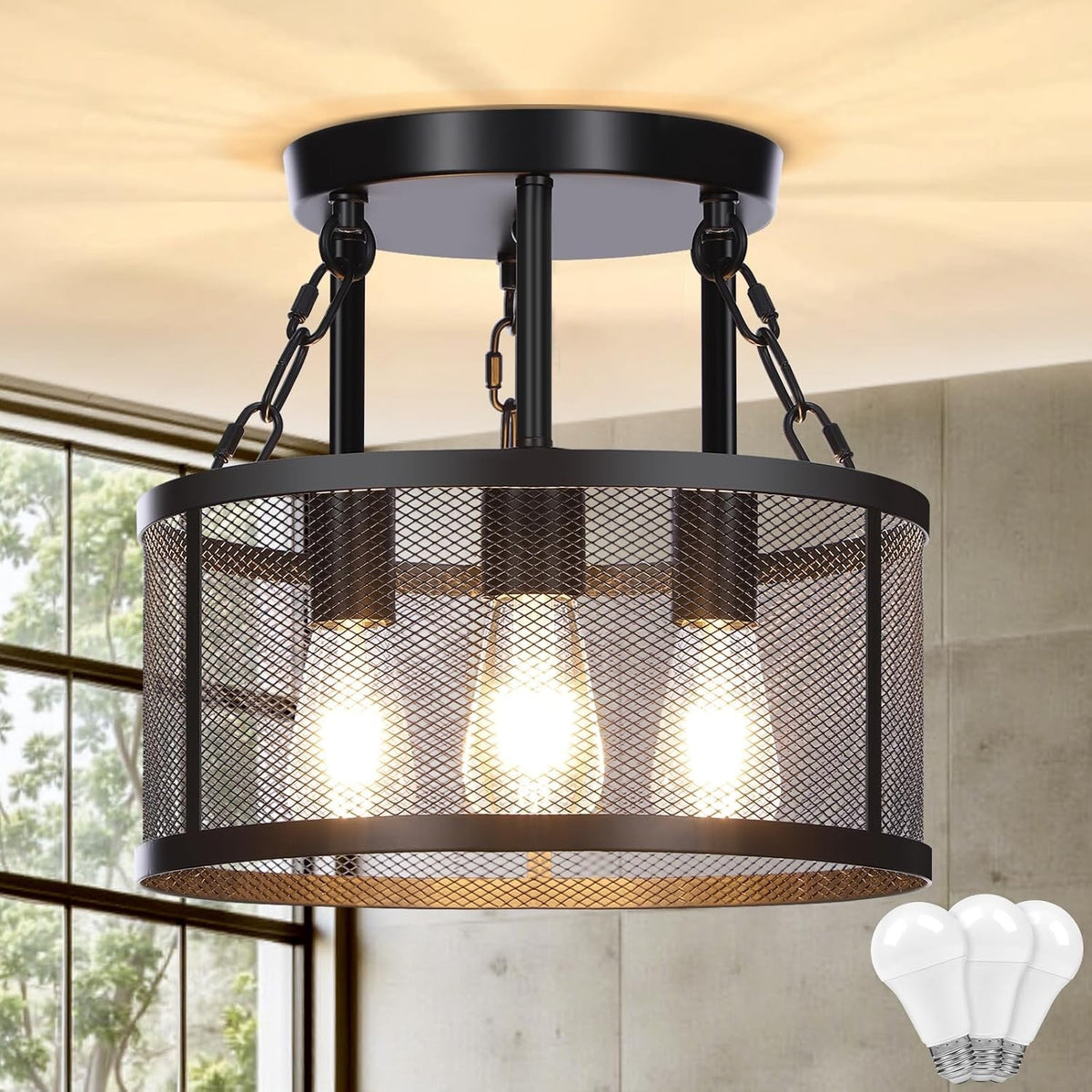Industrial Ceiling Light Fixture Black 3 Light Metal Mesh Cage E27 LED Bulbs