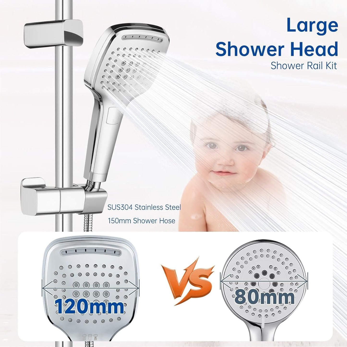 Shower Head High Pressure Stainless Steel Adjustable Bathroom Handheld Chrome