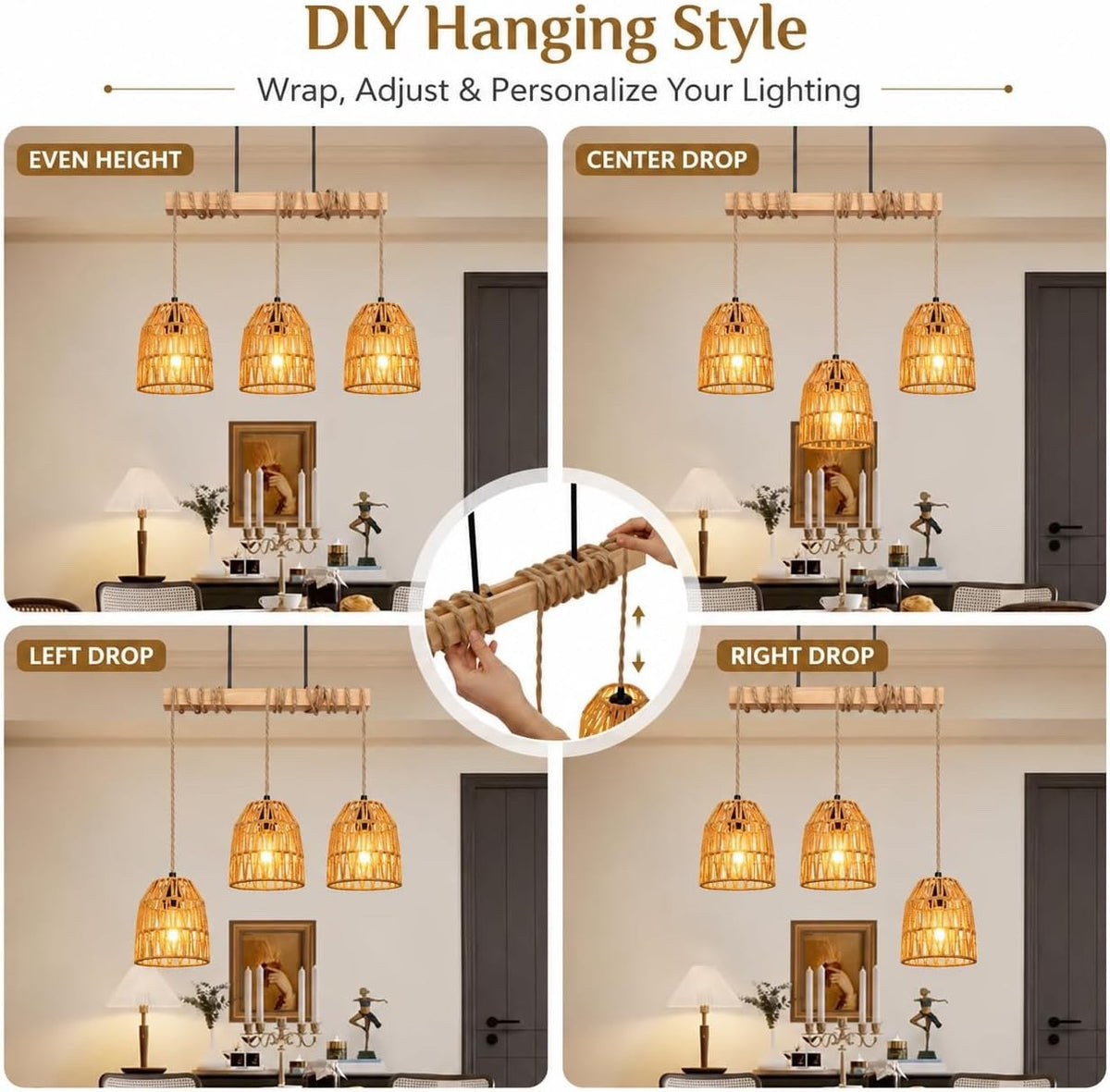 Rattan Pendant Light Chandelier Boho Brown E27 Adjustable 140cm Kitchen Lamp