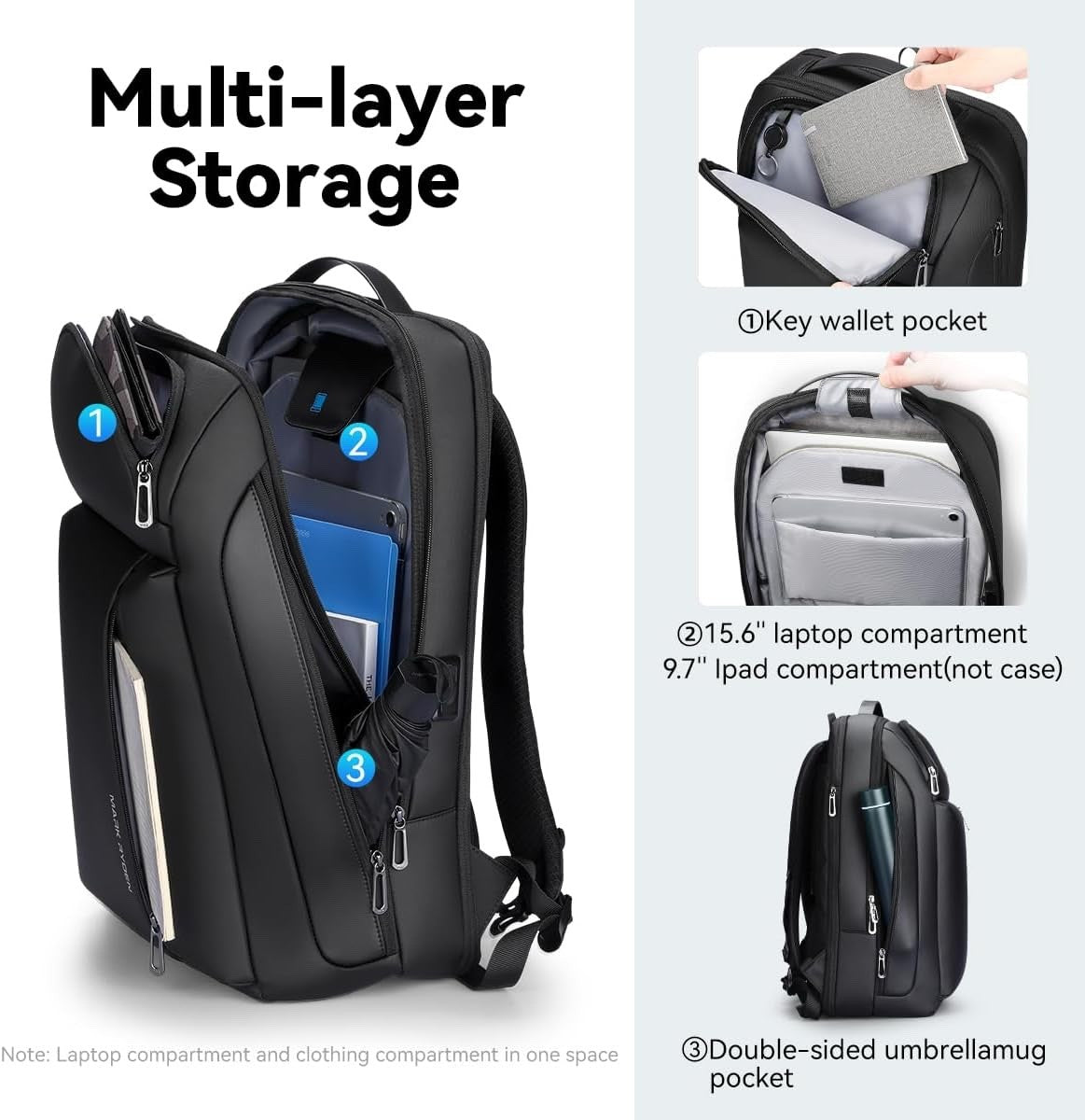 Laptop Backpack Travel Rucksack 15.6" Expandable 25L-35L USB-C Water Resistant