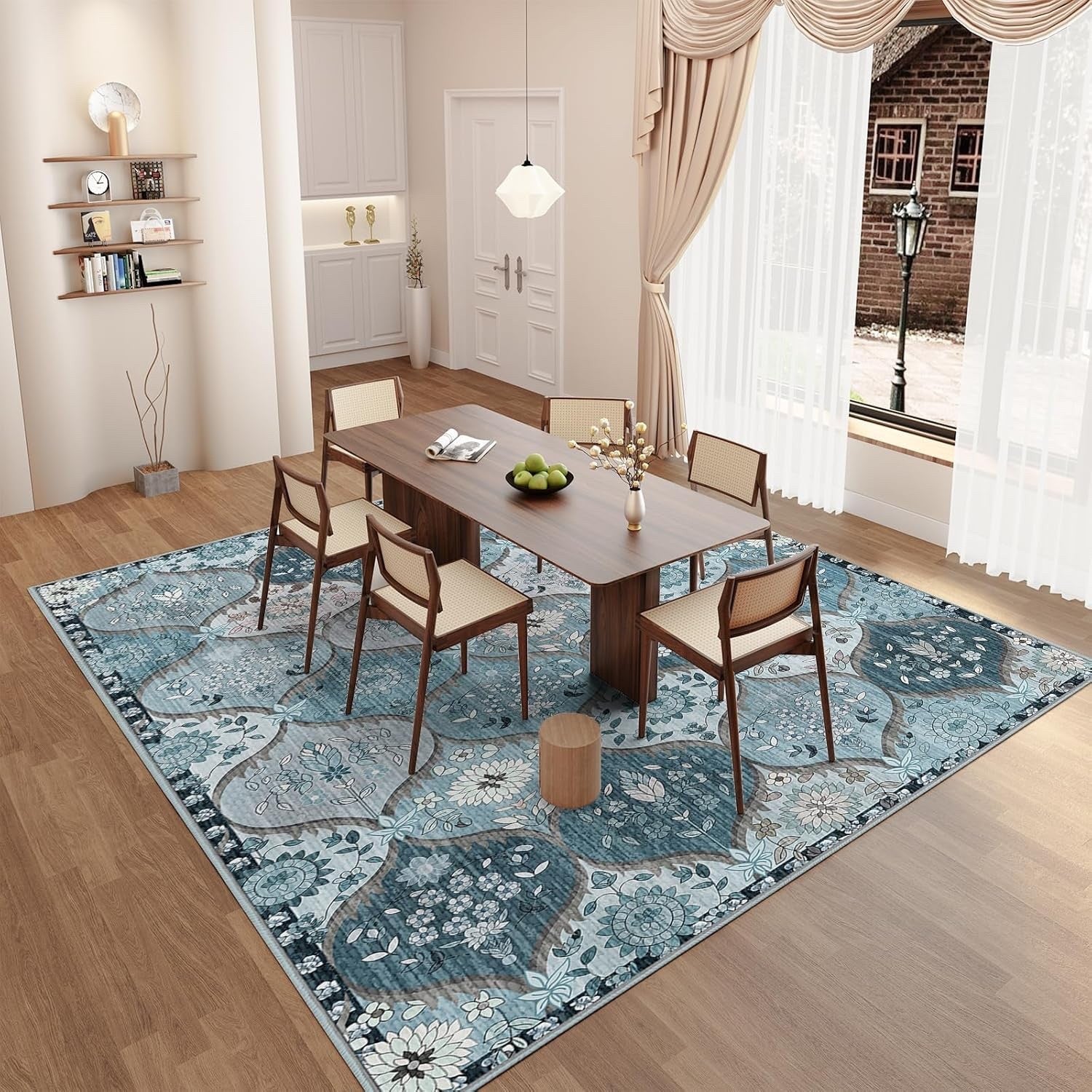 Washable Vintage Rug Large Blue Floral Non Slip Living Room Carpet 200x300cm