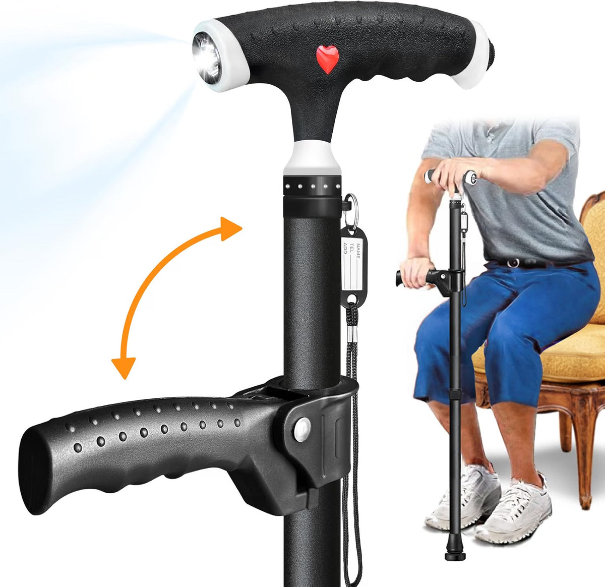 Walking Stick Adjustable 2nd Handle LED Light Men Women Seniors Arthritis Black