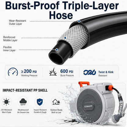 Garden Hose Reel Wall Mounted 40+2m Retractable Auto Rewind 180 Swivel 9 Spray