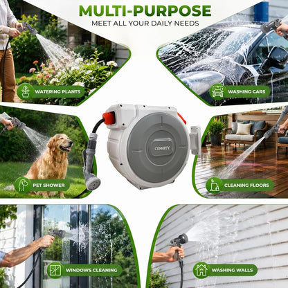 Garden Hose Reel Wall Mounted 40+2m Retractable Auto Rewind 180 Swivel 9 Spray