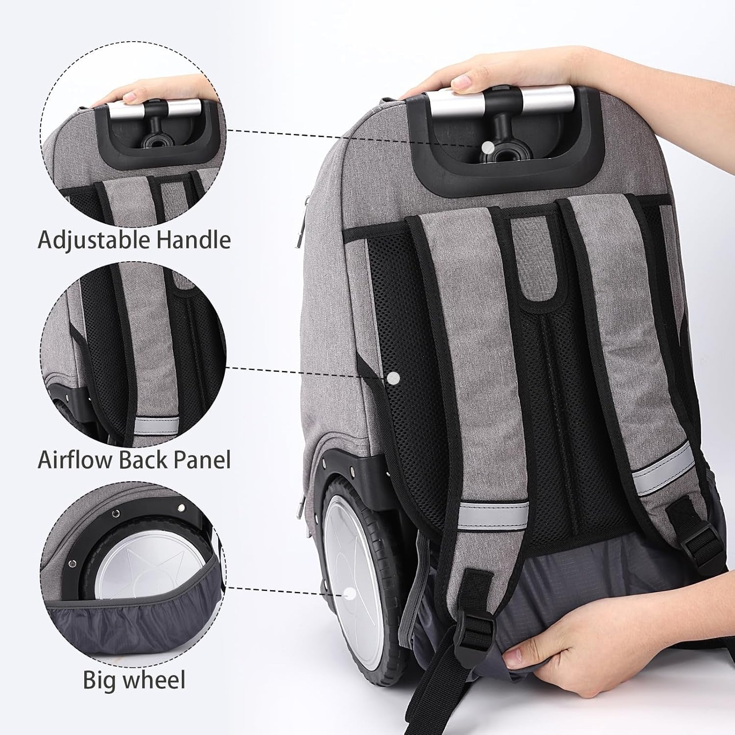 Rolling Backpack Trolley Bag 7in Wheels Laptop Travel Business Carry On Grey