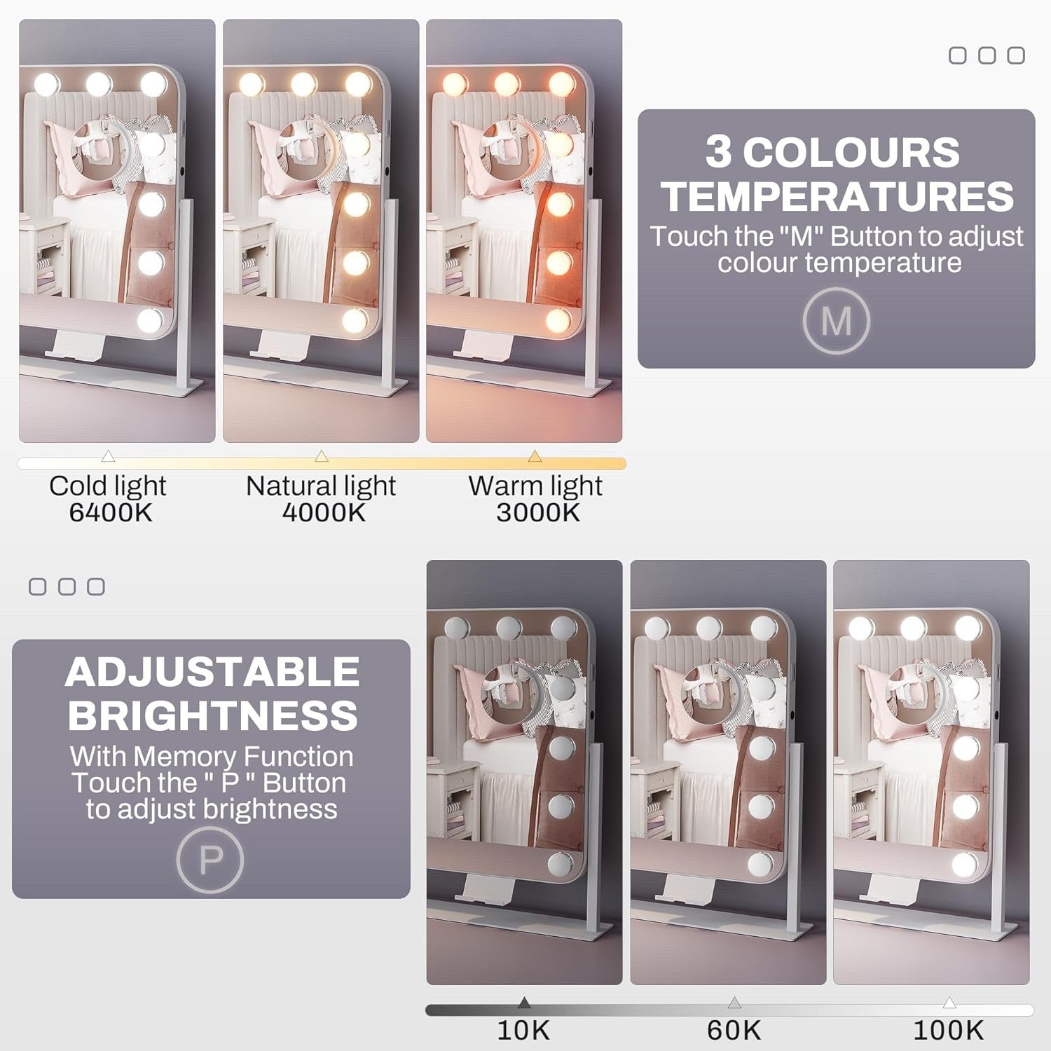 Hollywood Vanity Mirror LED Dimmable Touch Control 50x47cm Makeup Light