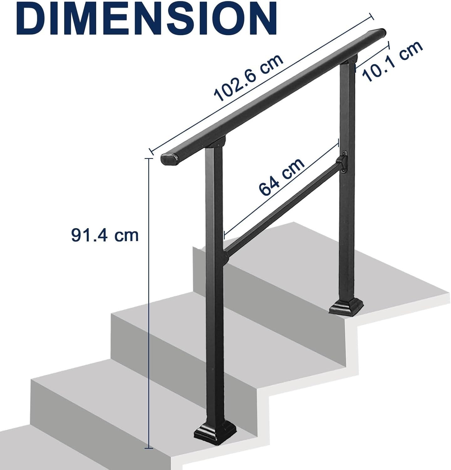 Stair Handrail Outdoor Aluminium 0-3 Step Railing Wall Mount Black