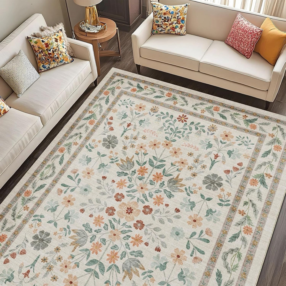 Large Living Room Rug Carpet 240x300cm Beige Vintage Floral Washable Non Slip