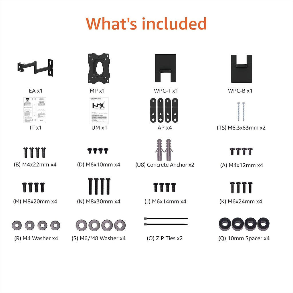 Amazon Basics Full-Motion TV Wall Mount For 12-Inch to 40-Inch Black
