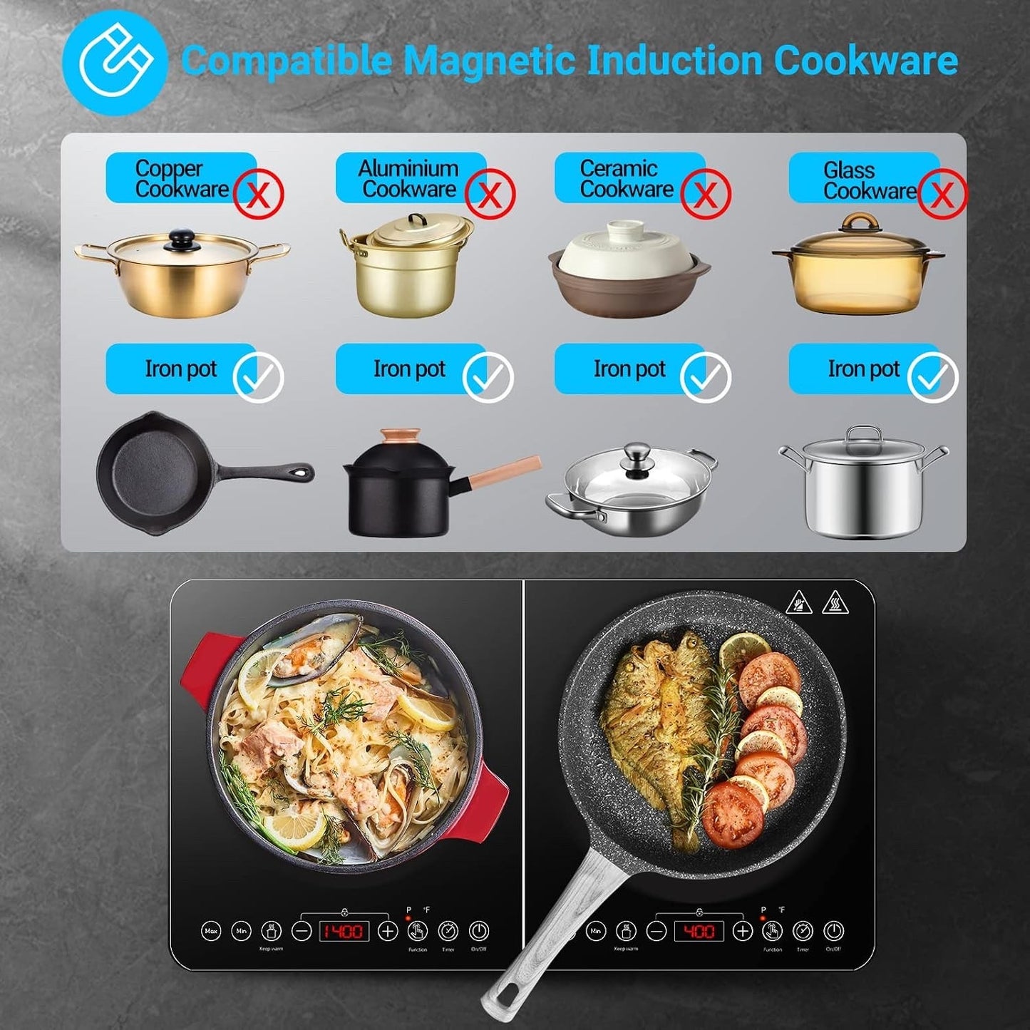 AOBOSI Double Induction Hob 2800W Portable 2 Ring Cooker Touch Control Timer