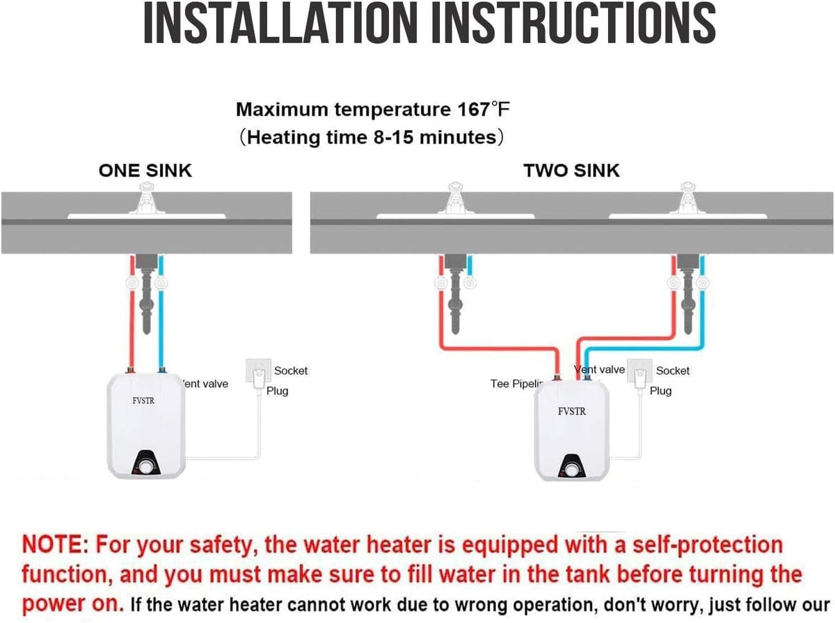 Electric Water Heater Boiler 8L Mini Tank 120V 1500W Under Sink Kitchen RV White