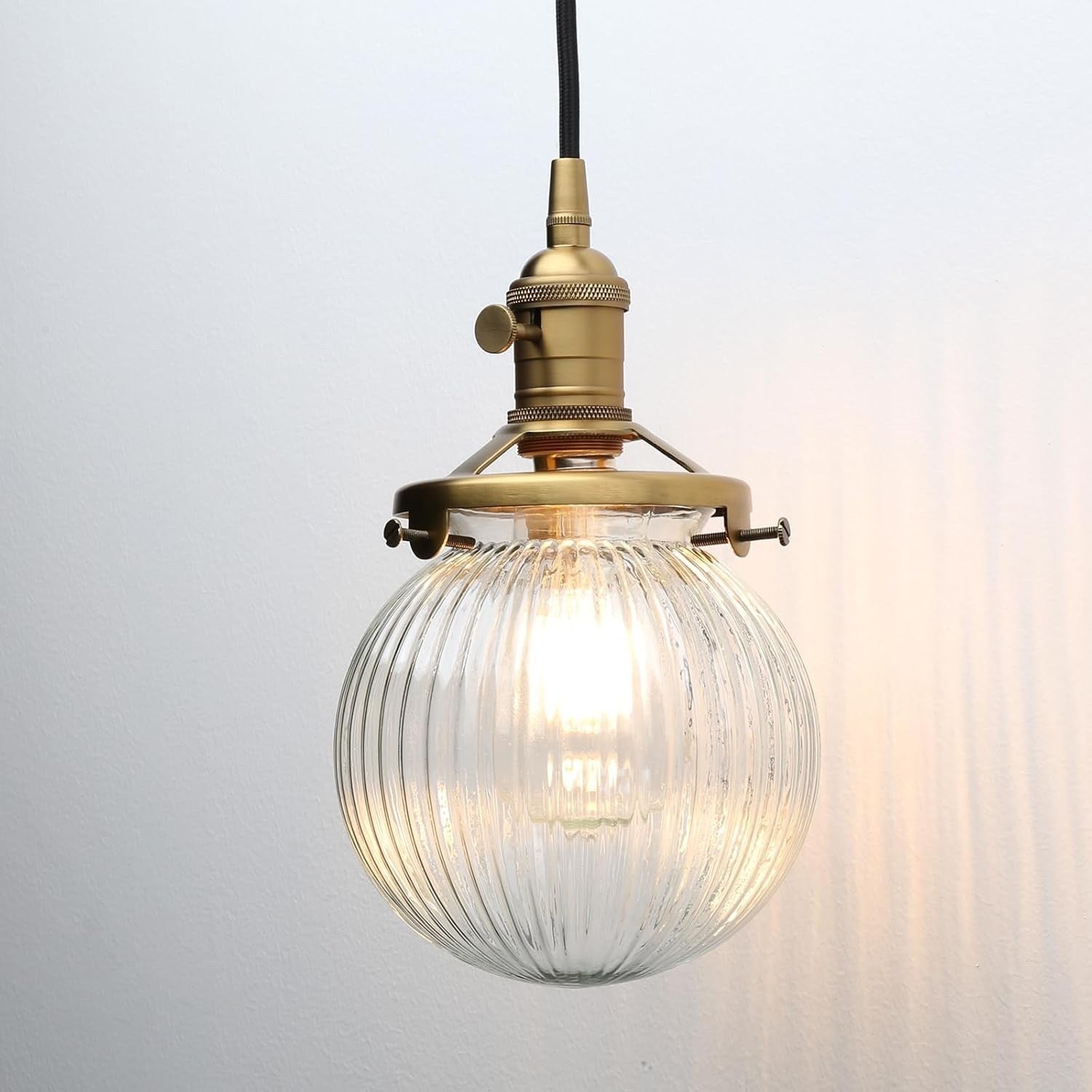 Industrial Pendant Ceiling Light 3 Head Ribbed Glass Antique Gold E27 Hanging