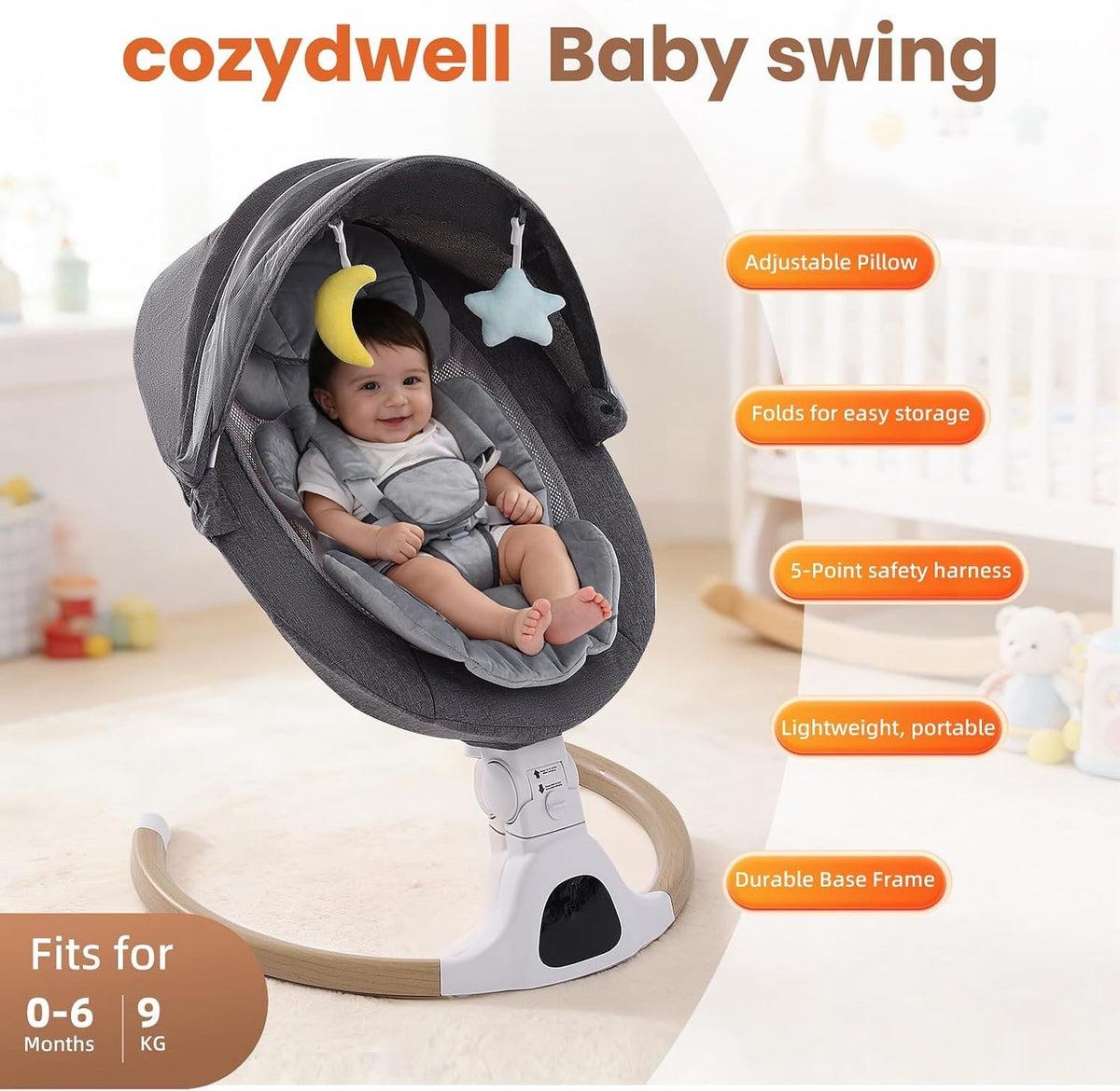 Baby Swing Chair Electric Bouncer Rocker Grey Bluetooth 5 Speeds Remote 0-6M