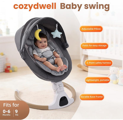Baby Swing Chair Electric Bouncer Rocker Grey Bluetooth 5 Speeds Remote 0-6M