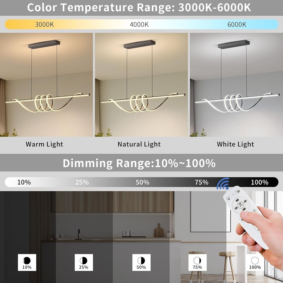 LED Pendant Ceiling Light Dimmable Remote 3000K-6000K 39in Kitchen Island Lamp