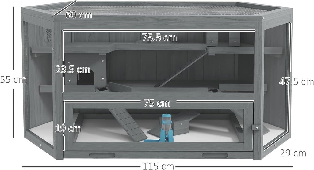 Large Wooden Hamster Cage 3 Tier Small Animal Play House With Tray Bottle Grey